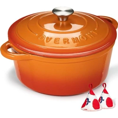 Imagen de Overmont Olla de Hierro Fundido Antiadherente Cacerola Holandesa Esmaltado con Tapa Ø26 CM Redonda para Cocinas Inducción Naranja