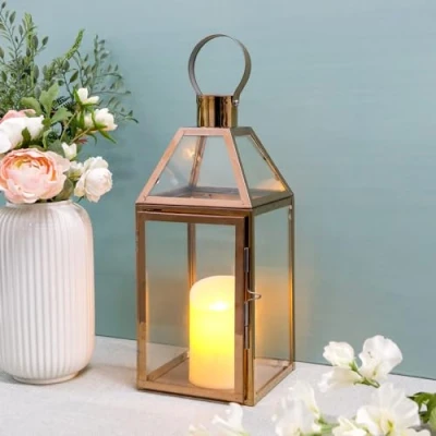 Imagen de Linternas Decorativas de Oro Rosa JHY DESIGN Vela Acero Inoxidable 34 cm Alto con Vidrio Templado. para Interiores al Aire Libre, Eventos, Fiestas y Bodas