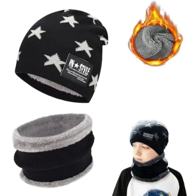 Imagen de Niño Gorra bufanda Set, Conjunto de Gorro punto Invierno Térmico y para Niños, con Forro Lana Niños Niñas, Accesorios Unisex, Negro