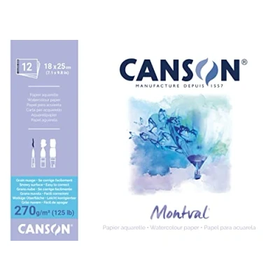 Imagen de Canson Montval, Papel de acuarela, Grano Blanco, 270g, Encolados por el lado corto, 18x25cm, 12 Hojas
