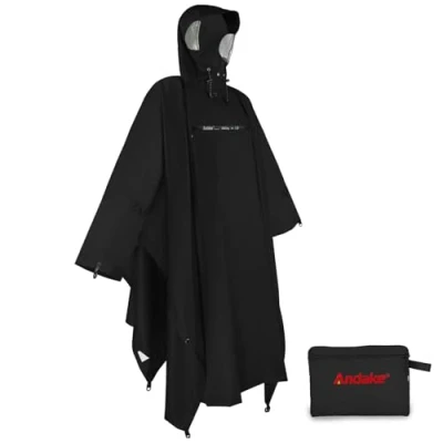 Imagen de Andake Poncho de Lluvia con Capucha Chubasquero Impermeable Ligero Multifuncional como Toldo Manta Estera Camping para Senderismo Ciclismo (Negro, S)