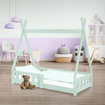 Imagen de ML Design Cama Infantil Tipi 70x140 cm con Protección Anticaída y Somier Estructura Listones de Madera Pino Maciza Color Menta Forma Casa Juego Tienda Campaña para Niños