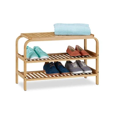 Imagen de Relaxdays Banco Zapatero Recibidor, Bambú, Descalzadora, Organizador 6 Pares de Zapatos, 2 Baldas, 45x70x30 cm, Natural