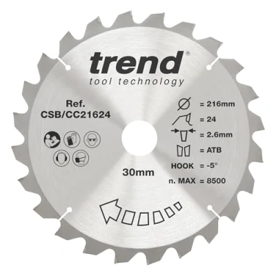 Imagen de Trend CSB/CC21624 Hoja de sierra ingletadora para madera, 216 mm diámetro, 30 24 dientes, TCT, corte 2,6 mm, gancho 5,