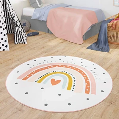 Imagen de TT Home Alfombra Infantil Bebé Motivo Arco Iris con Diseño Corazón, Color:Crema, Tamaño:Ø 120 cm Redondo
