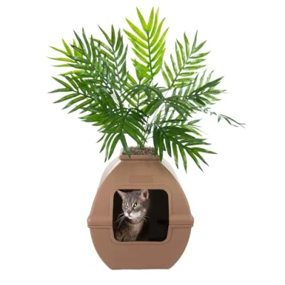 Imagen de Good Pet Stuff, The Courtyard Caja de Arena Oculta, Plantas Artificiales y Cuadrada Cerrada para Gatos, Filtro ventilado Olor, fácil Limpiar, marrón Moca