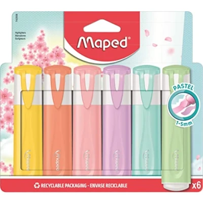 Imagen de Maped Material Escolar Subrayador Classic Pastel 6 Subrayadores de Colores Verde, Rosa, Naranja, Amarillo, Azul y Morado Punta Biselada Trazo 1 a 5 mm Tapón Presión
