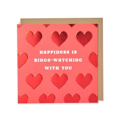 Imagen de Kindred Tarjeta de San Valentín con texto en inglés Happiness Is Binge Watching With You