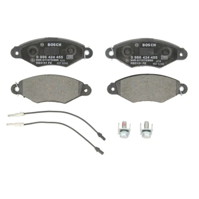 Imagen de BOSCH 0 986 424 455 Juego de pastillas freno Low Metallic con contacto avisador desgaste Chapa antichirridos, tornillos accesorios