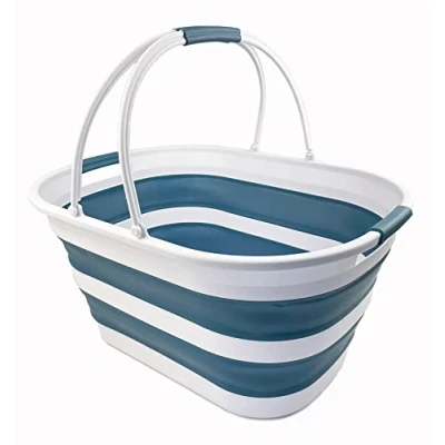 Imagen de SAMMART Cesta de lavandería plegable plástico 38 litros Contenedor almacenamiento plegable/organizador Bañera portátil que ahorra espacio (blanco/gris)