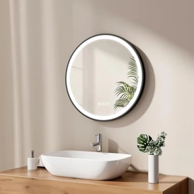 Imagen de EMKE Espejo de baño Redondo 60 cm, Pared con luz, Interruptor táctil y función antivaho, 3 Colores luz Variables, Marco Negro Correa Ajustable