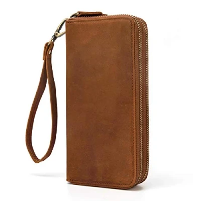 Imagen de LUUFAN Double Zipper Long Wallet Carteras de Embrague Cuero Gran Capacidad con Correa para la muñeca (Brown 2)