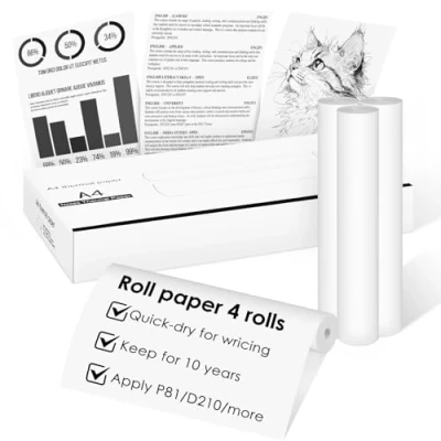 Imagen de Papel Térmico A4 para Impresora Portátil A4, GuKKK Papeles de 210 x 297 mm, Secado Rápido, Recarga Impresión, el Hogar,la Oficina y la Escuela (4 Rollos)
