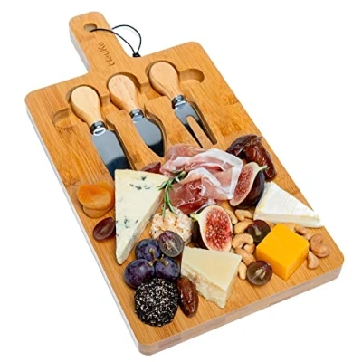 Imagen de BlauKe Tabla De Quesos Y Cuchillos Madera Bambú (3 Queso) para Cortar Queso Multifuncional Alimentos por Un Lado Plato El Otro