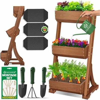 Imagen de KESSER® Huerto Elevado con Estanterías Macetero de Flores Escalera Plantas Verduras Hierbas Maceta Tela Jardín, Marrón, 3 Niveles