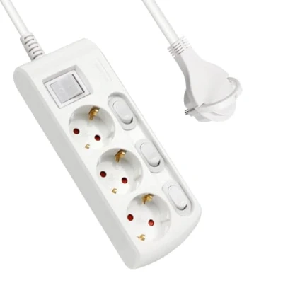 Imagen de EXTRASTAR Regleta Alargador con 3 Enchufes + Interruptor Individuales, 1 Principal, Cable 1.5M Clavija Plana, para el hogar, Oficina y Viajes, 16A, 250V, 3680W, Blanco