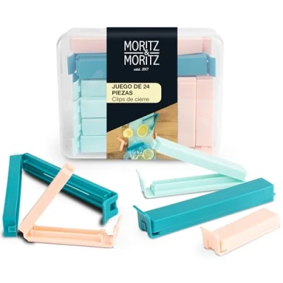 Imagen de Moritz &amp; 24 x Pinzas Bolsas Alimentos Cocina Clip Cierra Plastico in Caja Transparente 3 Colores (Menta, Rosado)