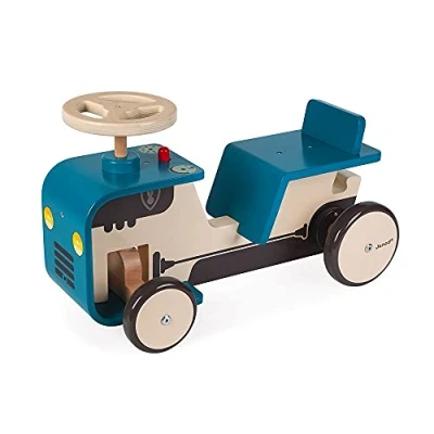 Imagen de Janod Tractor Portador Juguete de Madera Volante, Bocina y Enganche Remolque Incorporados Ruedas Silenciosas para Niños 18 a 36 Meses, J08053