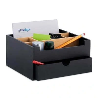 Imagen de Relaxdays Organizador de Escritorio con 1 Cajón, 6 Compartimentos, Bambú, 13 x 26 23,5 cm, para Oficina, Negro/Natural