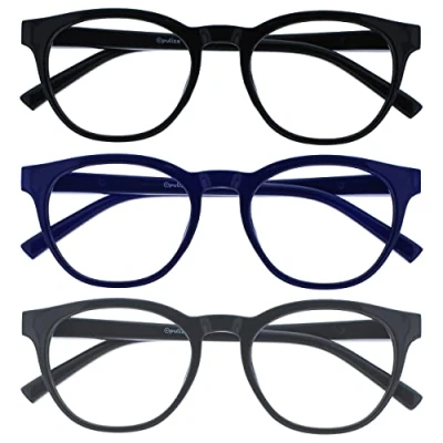 Imagen de OPULIZE Blu Gafas con Bloqueo de Luz Azul Pack 3 Montura Redonda Negra Gris Bisagras Muelle Mejoran el Sueño Ordenador Gaming Antirreflejante Hombre Mujer BBB5 137 +0.00