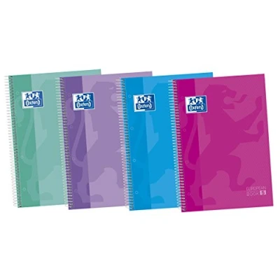 Imagen de Oxford, Cuadernos A4+, Pack de 5 Libretas Cuadrícula 5x5, Tapa Extradura y Espiral, Microperforado con bandas color , 120 Hojas, Colores Surtidos.