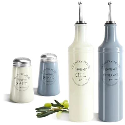 Imagen de COM FOUR® Juego de Cocina Vidrio 4 piezas Botella Aceite y vinagre con vertedor Acero Inoxidable, Tapa, Tubo ventilación Salero Pimentero (4 botellas + cocteleras)