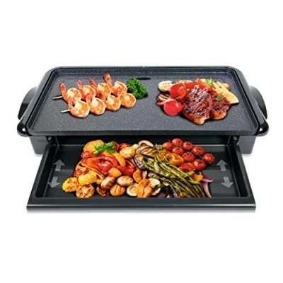 Imagen de Sogo Plancha Eléctrica de Asar y Raclette con Bandeja Interior Plástico Reutilizable sin BPA Grill Parilla Cocina Placa Lisa (plana) Antiadherente 46x26cm, libre PFOA, 2000w (SS 10340)