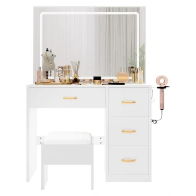 Imagen de YITAHOME Tocador con iluminación LED ajustable y enchufes,Tocador espejo,Tocador 4 cajones taburete,Blanco