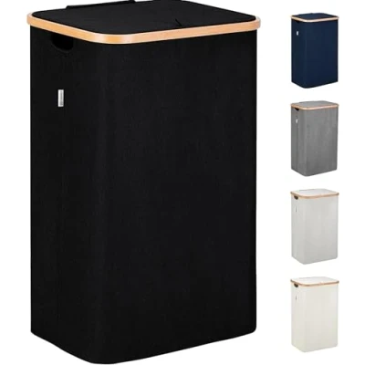Imagen de Lonbet Cesto Ropa Sucia con Tapa, Gris XL 100L, Colada Asas Extra Grande. (Negro, 1 Compartimiento)