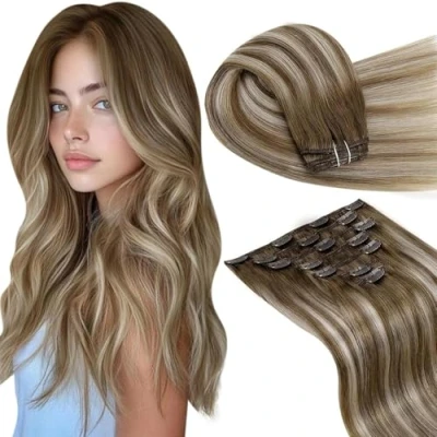 Imagen de LaaVoo Extensiones de Clip Pelo Natural Balayage Castaño Ligero Ombre Rubio Platino Remy Cabello 40cm/16Pulgadas 7piezas/105g #8/60/8