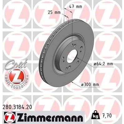 Imagen de ZIMMERMANN COAT Z 280.3184.20 Disco de freno 300 25 9/5 5 114 ventilación interna revestido HONDA: CIVIC 8 Hatchback, CR V 2,