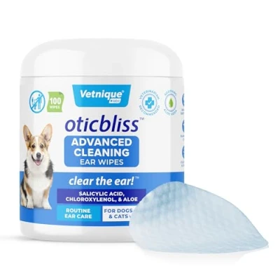 Imagen de toallitas Oticbliss Avanzadas para Limpieza Oídos Perros/Gatos, Control Olor y Cera con Aloe Vera, Secante Vitamina E, Limpian Oído. 100