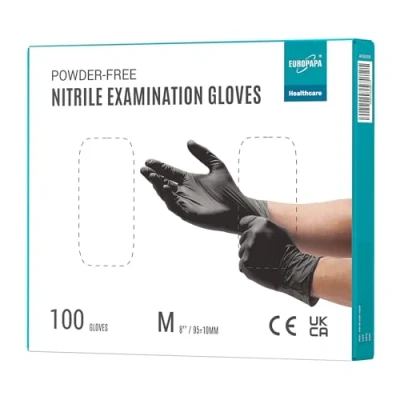 Imagen de EUROPAPA 100 Guantes De Nitrilo Desechables, Examen, Nitrilo, Sin Polvo, LÁTex, No EstÉRiles, Disponables (M, Negro)
