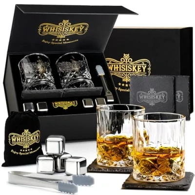 Imagen de WHISISKEY Set de Vasos Whisky Regalo Vaso Regalos Originales para Hombres Caja Regalo, 2 Whiskey x 310ML, 4 Cubitos Hielo Reutilizables, Accesorios