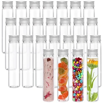 Imagen de Kurtzy Tubos de Ensayo Plastico Transparente, Tapa con Rosca y Cepillo (Juego 25) 75 ml Probetas Reutilizable para Golosinas, Fiesta Ciencias, Líquidos, Sal Baño, Cuentas