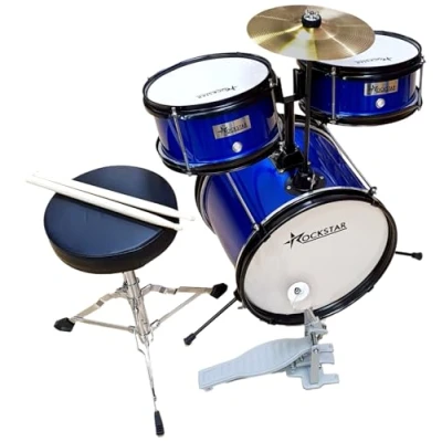 Imagen de ROCKSTAR Batería Principiantes Junior JDS1043B Instrumento Musical Afinable con Pedal de Bombo, Taburete y Baquetas Calidad sonora excepcional. Dimensiones: 50cm Ancho, 90cm Fondo, 75cm Alto