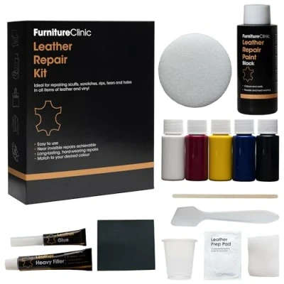 Imagen de Furniture Clinic Kit Completo de Reparación Cueros 12 Opciones Colores para Sofás, Asientos Coche Remienda, Rellena y Retoca Arañazos, Desgarros Otras Áreas Dañadas (Negro)