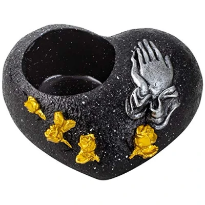 Imagen de Novaliv decoración para tumba con forma de corazón negro y manos orar, tumba, resistente a la intemperie, farolillo soporte velas té, piedra