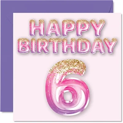 Imagen de Tarjeta de cumpleaños número 6 para niñas, globos purpurina rosa y morada, tarjetas feliz niñas años, hija, hermana, nieta, prima, 145 mm x mm, felicitación