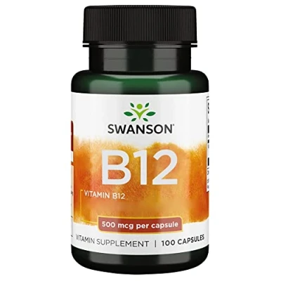 Imagen de Swanson, Vitamina B12, Cianocobalamina, 500mcg, 100 Cápsulas, Alta Dosis, Probado en Laboratorio, Sin Soja, Gluten, No GMO