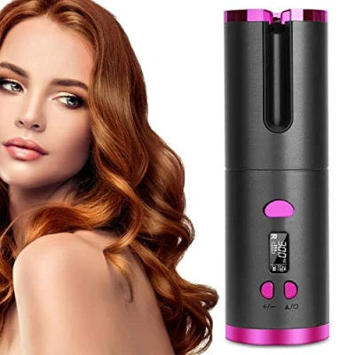 Imagen de rizador de pelo automático, inalámbrico con pantalla LCD y ajuste temperatura ajustable, profesional recargable por USB para peinado largo corto