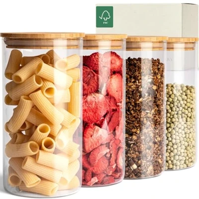 Imagen de KIVY Set Botes Cocina Almacenaje [4 x 1200 ml] Tarros de Cristal con tapa Bambú Sostenible Recipientes para Alimentos Bote Tarro hermetico