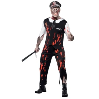 Imagen de Smiffys Disfraz de policía zombi, con parte arriba, corbata, pieza látex, pantalón y sombrero