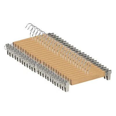 Imagen de COM FORT HOUSE Percha Madera Maciza para Faldas, Pantalones y Vaqueros, Color Natural con Clips Ajustables Anticorrosión Gancho Giratorio (24, Natural)