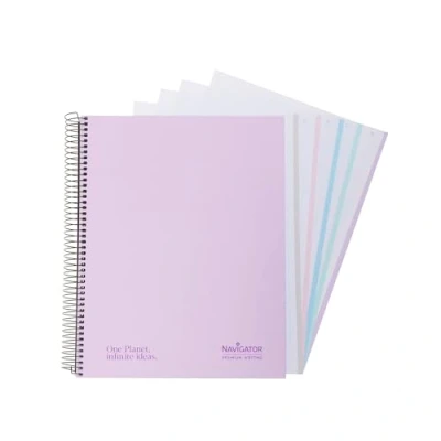 Imagen de Navigator Libreta a4 + Cuadriculado 5x5 Tapa Extradura Lavanda Borde 5 Colores Papel 80g 120 Hojas Microperforadas 4 Taladros Espiral Cierre Coil Lock Premium Writing