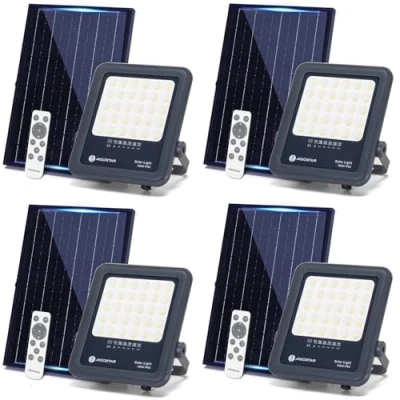 Imagen de Aigostar Foco proyector LED solar con control remoto 4 piezas,focos solare de 100W, 1000LM,luz blanca fría 6500K,IP65 impermeable Luz exterior,para jardín,terrazas,caminos,garajes,cable 2M