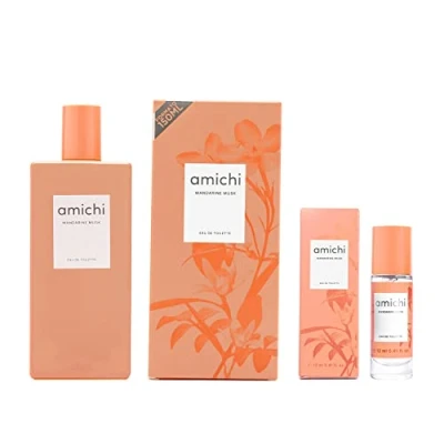 Imagen de AMICHI Mandarine Musk, Colonia Mujer, Promoción 150 ml + 12 ml, Pack 2 Productos, Perfume Eau de Toilette Femenina, Agua Fresca, Fragancia Dulce y Cítrica, Aroma Extravagante Duradero