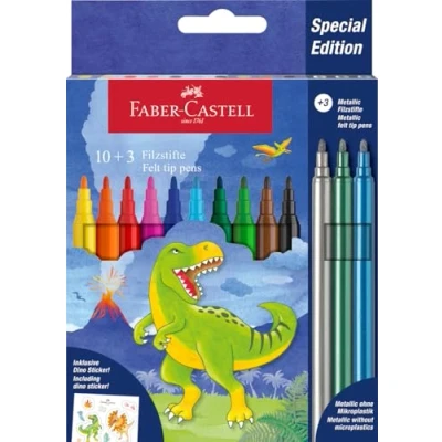 Imagen de Faber Castell 554214 Estuche de Cartón con 13 Rotuladores 10 Colores Clasicos + 3 Metálicos Edición Dinosaurio