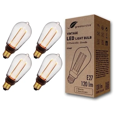 Imagen de greenandco 4x Bombilla LED regulable decorativa estilo vintage E27 ST64 3,5W 120lm 1800K 320 230V, claro, sin parpadeo