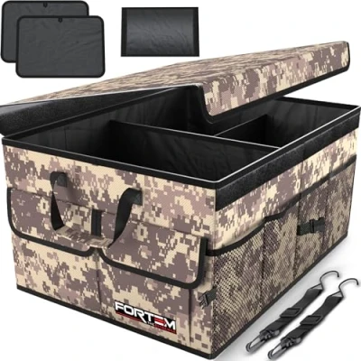Imagen de FORTEM Organizador de Maletero Coche y SUV para Almacenamiento Caja Plegable con 2 Compartimentos Grande Base Antideslizante Cinchas Ajustables Tapa Extraíble (Desierto)